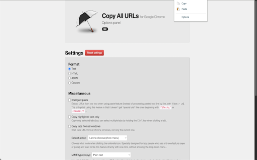 Copy All Urls :: Copy tabs URL to clipboard (formats : text, HTML, JSON or custom). Paste to open multiple URL at one go.