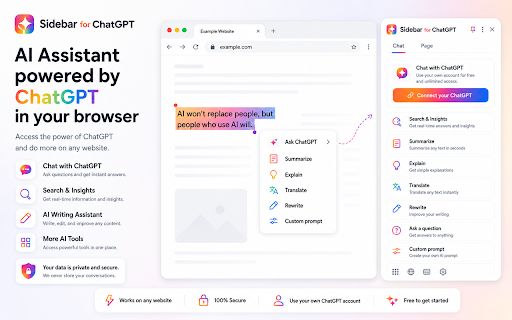 Sidebar for ChatGPT :: Access ChatGPT in side panel with screenshots and extension-based dictation.