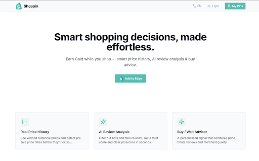 Shoppin :: Earn Gold while you shop — smart price history, AI review analysis & buy advice