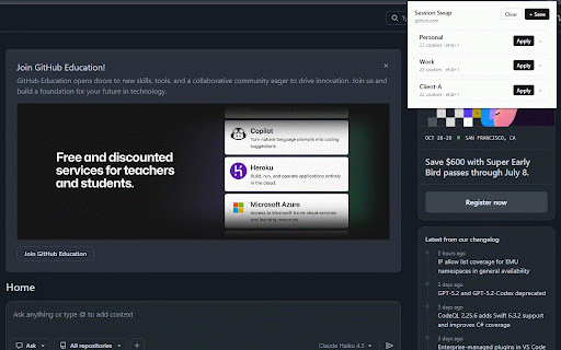 Session Swap :: Save and switch named cookie + localStorage profiles per site. 100% local, no accounts.