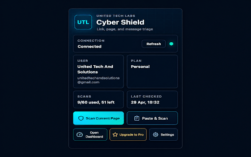United Tech Labs Cyber Shield :: Scan suspicious links, pages, and pasted text with United Tech Labs AI Cyber Helpdesk.