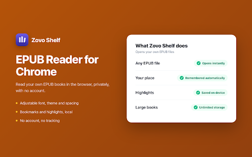 Zovo Shelf - EPUB Reader for Chrome :: Read your EPUBs in your browser. Shelf keeps your library, places and highlights on this device. No account, no tracking.