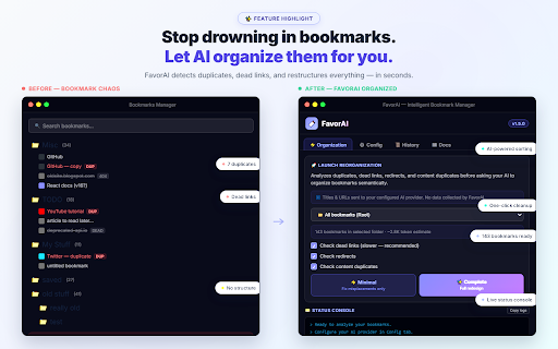 FavorAI :: Organize and clean your bookmarks with AI. Review proposed changes before applying them.