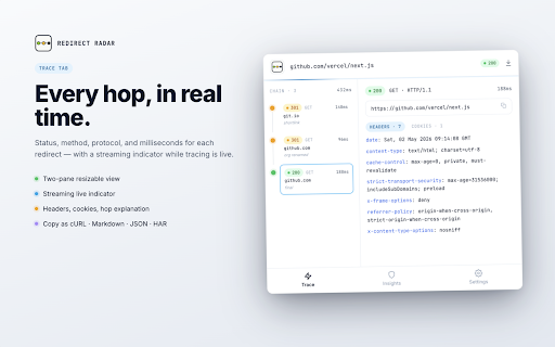 Redirect Radar — Redirect Chain & HTTP Header Inspector :: Trace HTTP redirect chains with security & SEO insights.