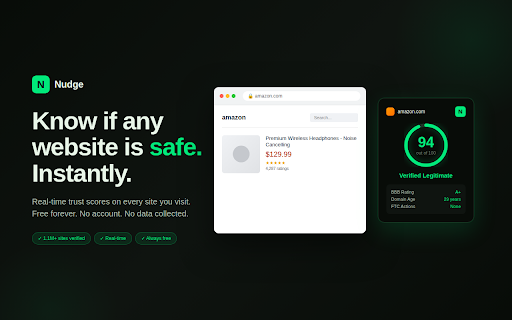 Nudge - Internet Protection :: AI-powered trust scores on every website. Scam detection, deepfake alerts, fact-checking, and safe alternatives — instantly.