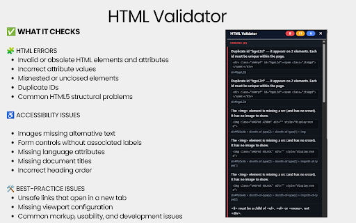 HTML Validator — On-Device :: Validate the current page's HTML and accessibility markup, entirely on your device. No external validator to break.