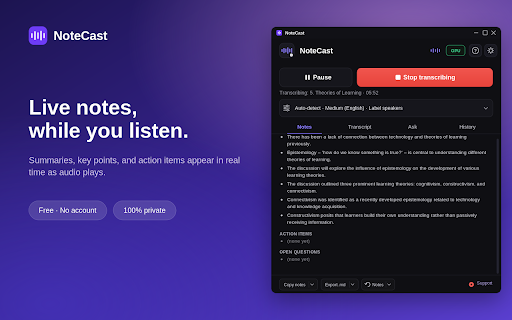 NoteCast — AI tab-audio note-taker :: Capture a browser tab's audio, transcribe it locally with Whisper, and generate structured notes with a local Ollama model.