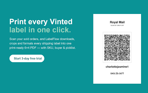 LabelFlow — Label Printer for Vinted Sellers :: Download, crop and print your Vinted shipping labels as 6×4 thermal labels with SKU and buyer details, plus picklists.