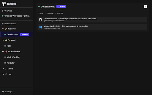 Tabblar - Workspace & Tab Manager :: Powerful tab and workspace manager. Save and organize your tabs into workspaces that you can open and close as needed.
