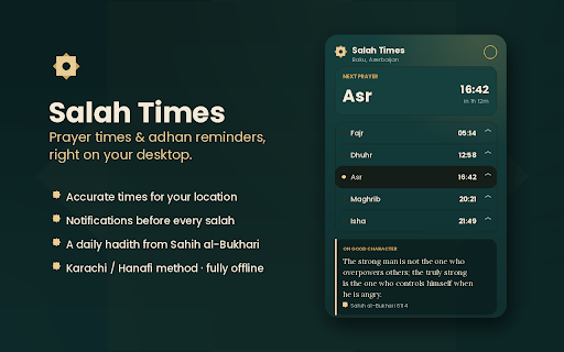 Salah Times — Prayer Reminders :: Desktop prayer times and salah reminders. Uses the Karachi (Hanafi) method to match the Prayer Times by Dawat-e-Islami app.