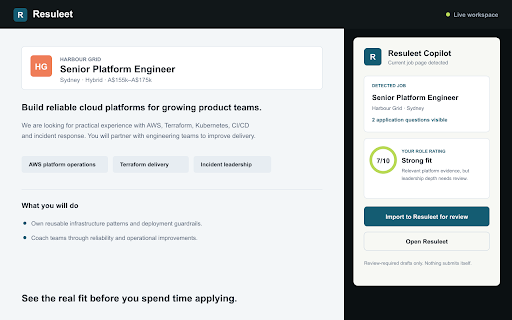 Resuleet Copilot :: Rate and save the current job page to Resuleet for review and approval-gated application drafting.