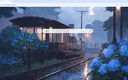 Blue Rainy Season Live Wallpaper :: Wooden bus stop glows warmly as rain creates reflections amid blooming hydrangeas.