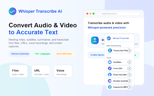 Whisper Transcribe AI - Convert Audio & Video to Text :: Meeting notes, AI transcription, speech to text, audio to text, video to text, subtitles, summaries, and transcripts.