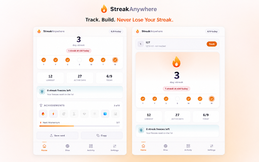 Streak Anywhere :: Turn the sites you visit into daily habits: streaks, rest days, smart reminders with sound, awards and insights.