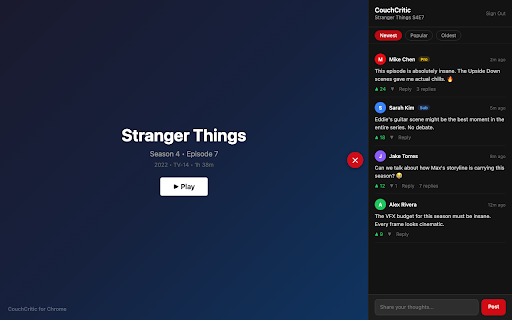 CouchCritic - Stream, Watch, Discuss :: Add real-time comments to streaming shows and movies. React, rate, and discuss with other viewers.