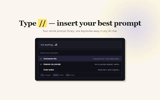 PromptDock: AI Prompt Manager for ChatGPT :: Save & reuse AI prompts. Type // in ChatGPT, Claude, Gemini, Perplexity & more to insert your prompt library instantly.