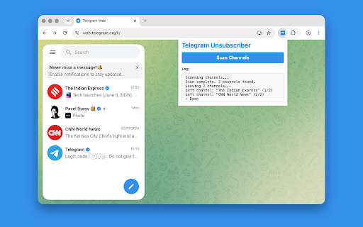Telegram Unsubscriber :: The extension helps to clean up Telegram subscriptions and leave unwanted channels in few clicks