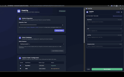 FieldClip — Structured Capture for Notion :: Capture selected text into structured Notion database fields using a persistent side panel and dynamic right-click context menus.
