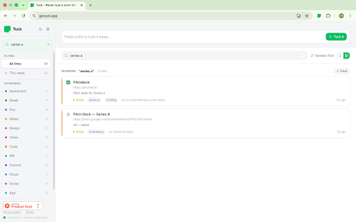 Tuck :: One-click capture of any tab into your Tuck link library. No account needed.