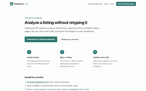 SideQuest STR :: Capture Zillow and Redfin listings, verify the details, and analyze short-term rental deals in SideQuest STR.