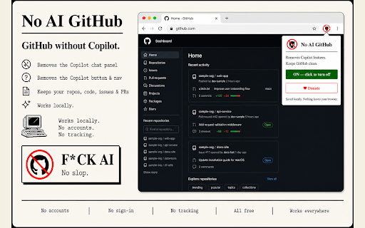 No AI GitHub :: Hides GitHub's AI features. Unofficial, not affiliated with GitHub. Local only.