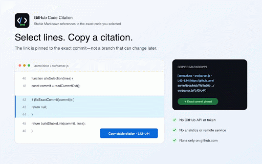 GitHub Code Citation :: Copy selected GitHub lines as a stable, commit-pinned Markdown citation.