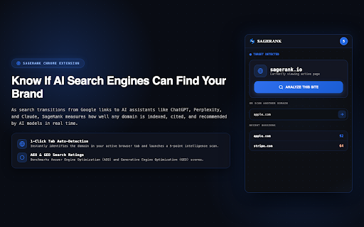SageRank - SEO, GEO, AEO & Domain Security :: Measure your SEO, GEO & AEO search visibility scores. Audit JSON-LD schema health and execute instant domain security scans.
