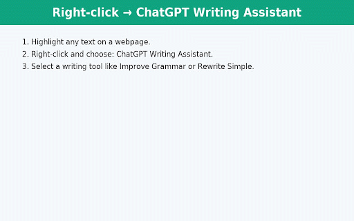 ChatGPT Writing Assistant :: Right-click any text to instantly fix grammar, rewrite, change tone, shorten, expand, translate to English, or format as an email