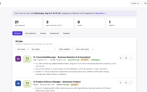 JobSignal: AI job matching, explained :: AI match scores on every job posting you open, plus your best matches found for you daily, each with a game plan.
