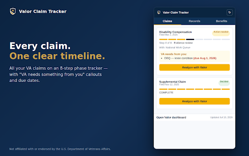 Valor Claim Tracker :: Track your VA disability claims and get alerted when something changes — plus smart, on-device claim insights.