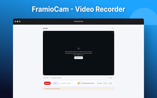 FramioCam - Screen Recorder & Screenshot Studio :: Screen recorder with webcam and audio. Capture full-page screenshots, edit videos and images, and export MP4, WebM, GIF or PNG.