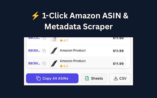 Amazon ASIN Grabber & Fast Exporter :: 1-click bulk ASIN scraper and exporter for Amazon. Extract ASINs, titles, prices, ratings, BSR, and FBA to Google Sheets & CSV.