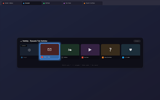 Switchy - Dynamic Tab Switcher :: Firefox-style dynamic tab switcher. Hold Ctrl+Q to see your recently used tabs and jump to any one instantly.