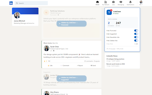 LinkedIn Feed Cleaner - Filter Ads, Spam & Promoted Posts :: Clean your LinkedIn feed — filter promoted posts, suggested content, polls, reshares & newsletter ads. 28 languages. Free.