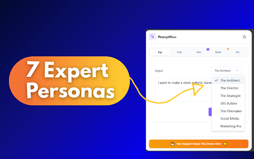 PromptFlow — AI Prompt Engineer for ChatGPT, Claude, Gemini, Grok & Stitch :: Transform rough ideas into expert-level prompts with 16 AI modes. One-click inject into ChatGPT, Claude, Gemini, Grok & Stitch.