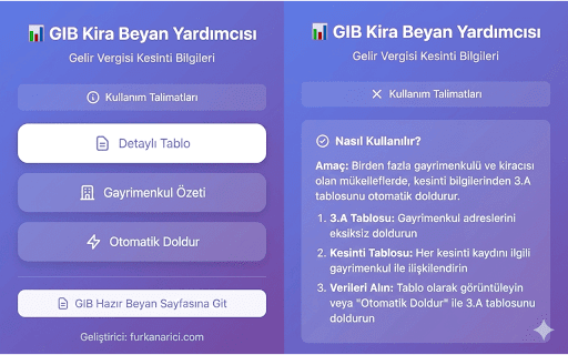 GIB Kira Beyan Yardımcısı :: Kira geliri kesinti bilgilerini analiz eder ve otomatik doldurur