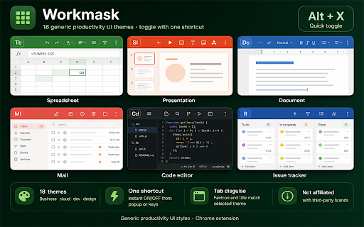 Workmask — 화면 위장 · 스프레드시트/문서 전환 :: 화면 위장 · 웹페이지를 스프레드시트·프레젠테이션·문서 업무 화면으로 전환. 단축키(Alt+X) 한 번이면 익숙한 UI처럼 자연스럽게.