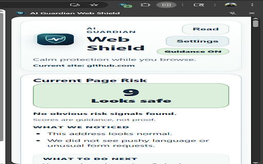 AI Guardian Web Shield :: A privacy-first helper that checks links and pages on your device using calm, plain-language guidance.