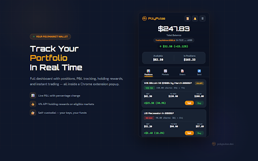 PolyPulse - Your Polymarket wallet :: Your Polymarket wallet. Trade markets, view odds, and manage your portfolio directly from your X feed.