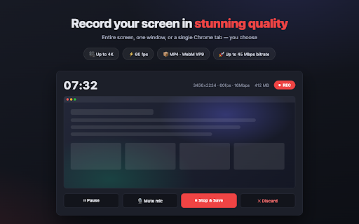 Pro Screen Recorder :: Screen recorder — screen, window or tab capture, mic + tab audio mix, phone-as-mic, camera bubble, pause/resume & shortcuts.