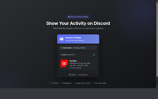 Discord Presence Bridge :: Display your browser activity as Discord Rich Presence. Shows what you're watching or playing on supported sites.