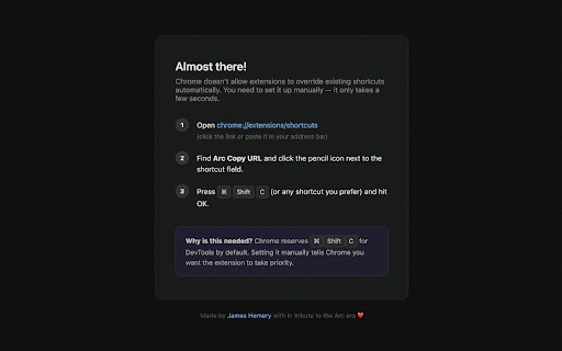 Arc Copy URL :: Bring back the Arc browser's Ctrl+Shift+C to copy current tab URL (or any custom shortcut)
