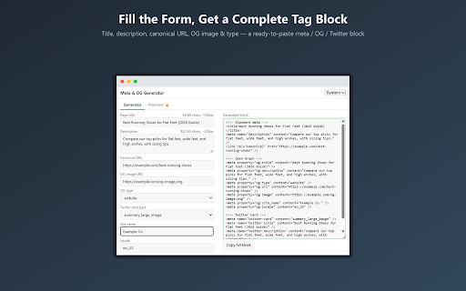 Meta Tag & Open Graph Generator :: Fill a form to generate a complete meta tag, Open Graph, and Twitter-card HTML block to paste into your page's head.