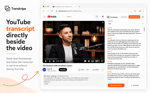 Transkripe: YouTube Transcript Tool :: Show the transcript of the current YouTube video and open it in Transkripe.