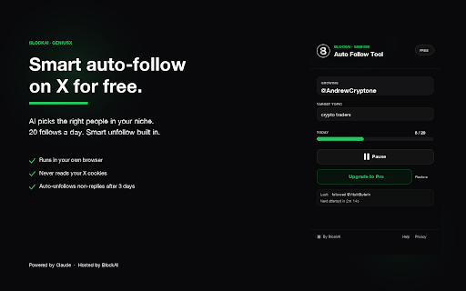 Twitter Auto Follow Tool – GeniusX by BlockAI :: AI picks the right people for you to follow on X. 20 free follows/day, smart unfollow of no-replies. By BlockAI.