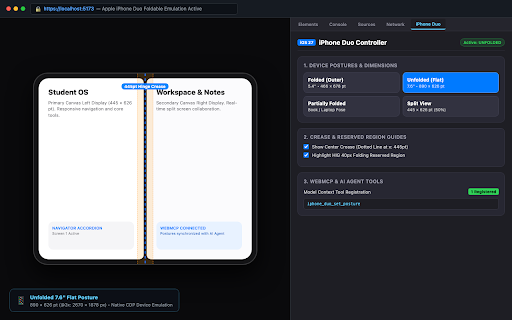 iPhone Duo DevTools Simulator :: Simulates iPhone Duo fold postures, crease guides, pixel density, and WebMCP agent tools.