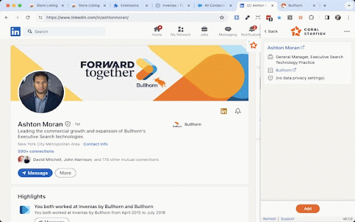 Coral Starfish Extension :: Coral Starfish integrates supported websites including LinkedIn and XING with CRM platforms such as Bullhorn and Salesforce