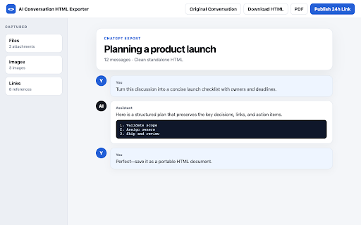 AI Conversation HTML Exporter :: Export ChatGPT, Claude, and Gemini conversations to clean standalone HTML.