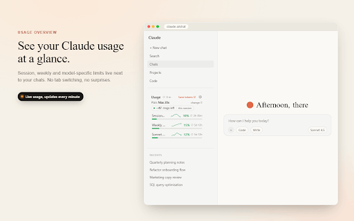 Claude Token Tracker :: Live Claude.ai quota in your sidebar. Session, Weekly, Sonnet and burn rate. No API key. Free, private, no signup.