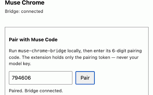 Muse Chrome :: Drive your real browser from Muse Code, with per-site and per-action approval. Side panel chat plus MCP bridge.